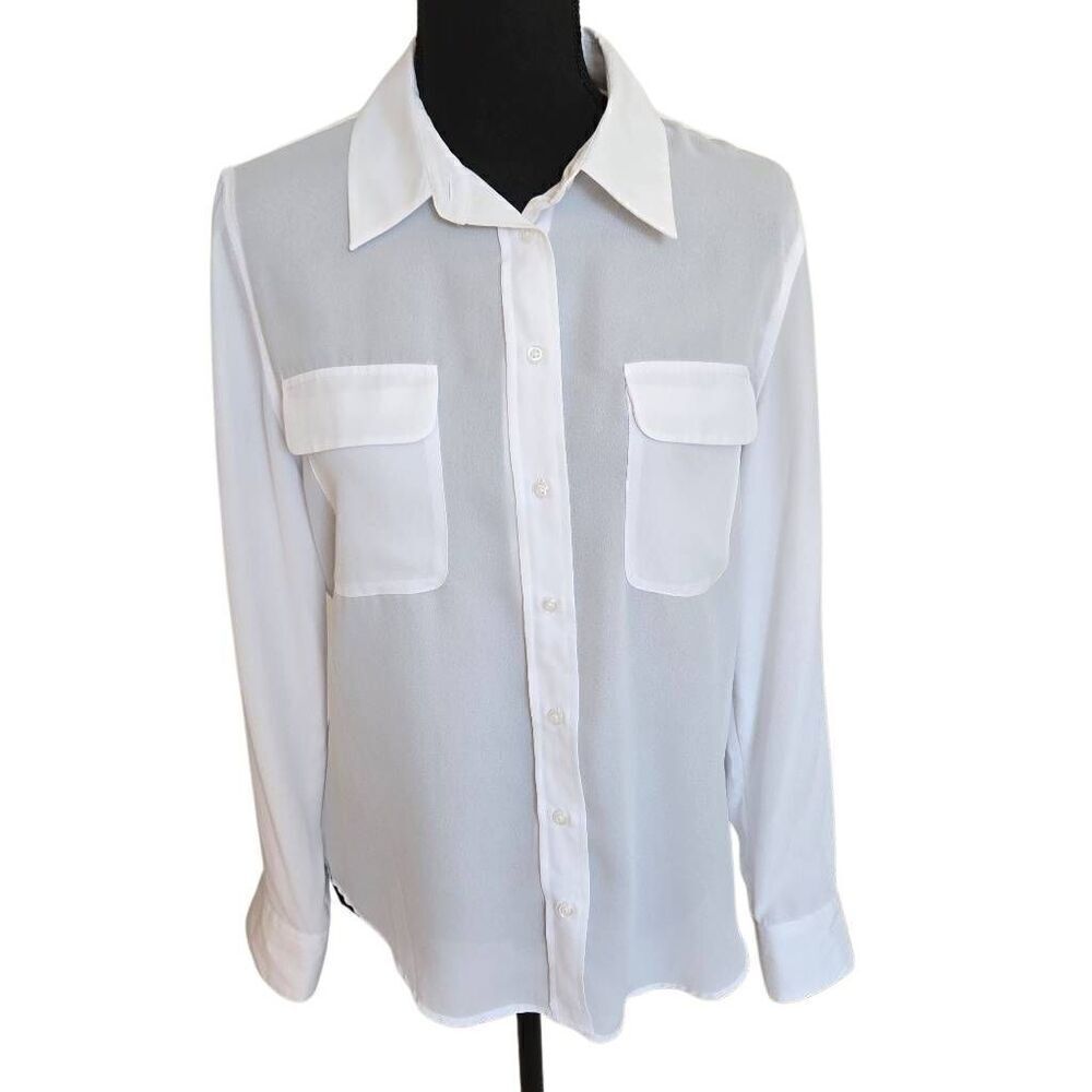 Investments Womens White Long Rolled Sleeve Dress Olivia Blouse Size Small